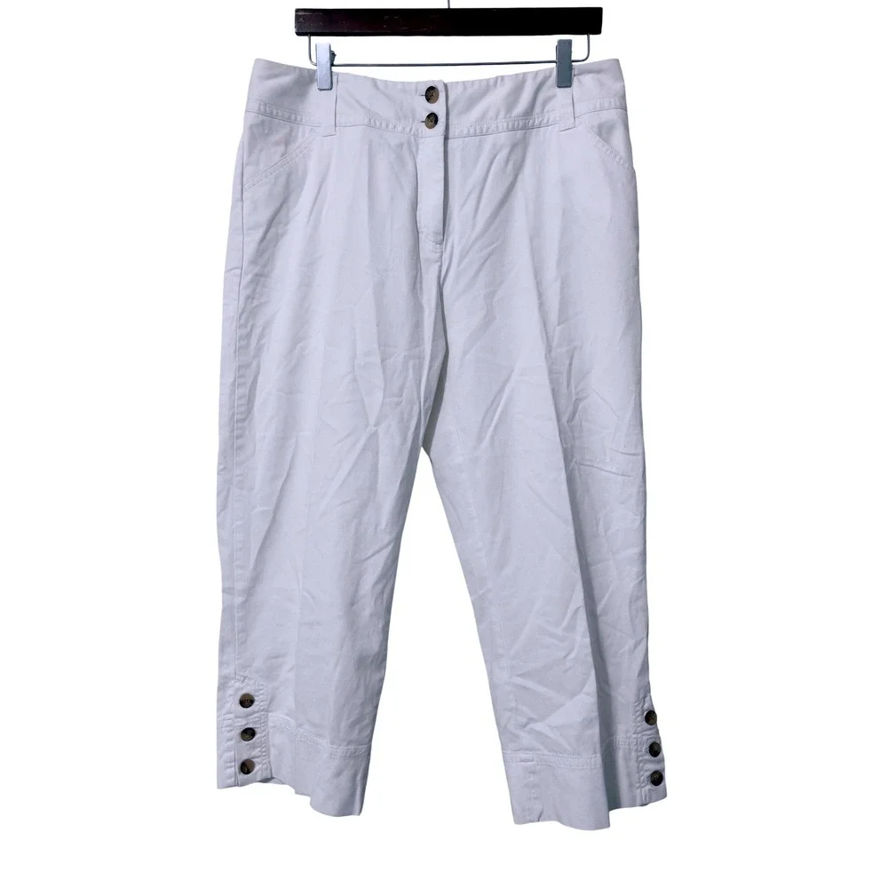 Charter Club Women Cropped Pants 14 White Classic Fit Button Hem Capris Preppy